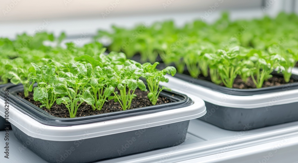 Fresh green seedlings in trays, thriving in a controlled environment, showcasing healthy growth and vibrant colors. Fresh green seedlings in trays, thriving in a controlled environment, showcasing healthy growth and vibrant colors.