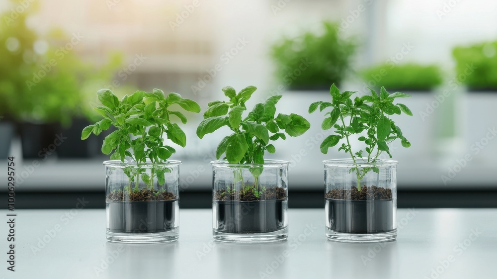 Three small green plants in jars, set against a bright background with additional greenery visible, showcasing growth and nurturing in a modern environment. Three small green plants in jars, set against a bright background with additional greenery visible, showcasing growth and nurturing in a modern environment.