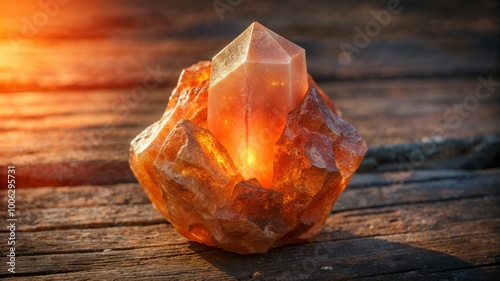 Raw sunstone crystal with glowing orange hues on rustic wooden surface