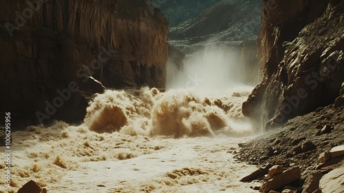 A dramatic scene of water violently rushing through a narrow canyon, with debris and rocks being swept along in the powerful current, showcasing the sheer force of nature during a flood 