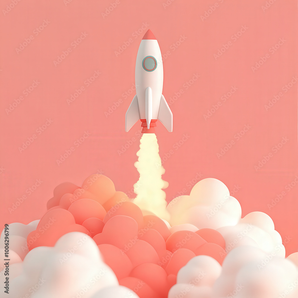 3D Cartoon Rocket Ship Blasting Off into the Sky 3D Cartoon Rocket Ship Blasting Off into the Sky