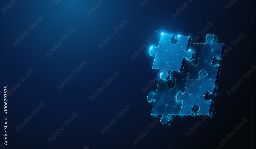 Abstract illustration of puzzle piece completing puzzle in low poly style. Blue geometric background depicting problem solving and business teamwork concept by wireframe connection structure Abstract illustration of puzzle piece completing puzzle in low poly style. Blue geometric background depicting problem solving and business teamwork concept by wireframe connection structure