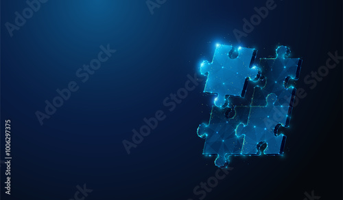 Abstract illustration of puzzle piece completing puzzle in low poly style. Blue geometric background depicting problem solving and business teamwork concept by wireframe connection structure