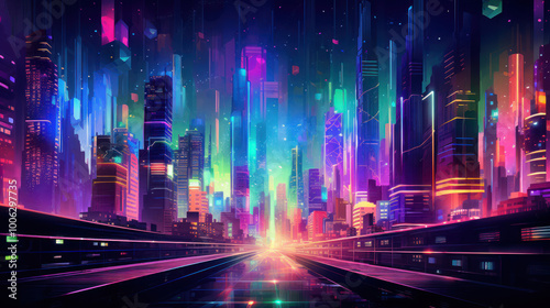 Vibrant and colorful cityscape at night. The skyline is filled with skyscrapers illuminated by neon lights in different colors. Futuristic Atmosphere. Cyberpunk Aesthetic. Neon Lights.