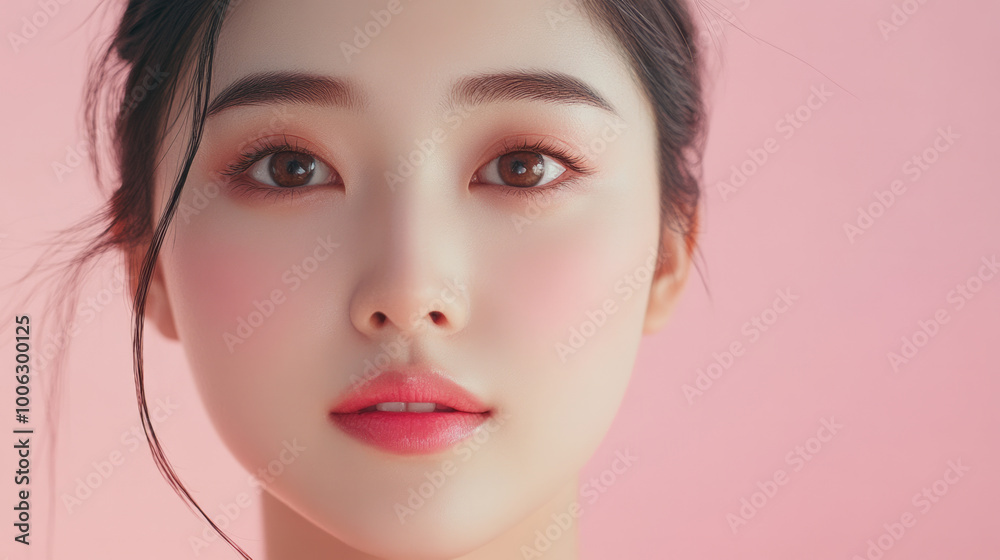 Radiant Chinese female model with flawless skin posing against a soft pink background during a natural light photoshoot Radiant Chinese female model with flawless skin posing against a soft pink background during a natural light photoshoot