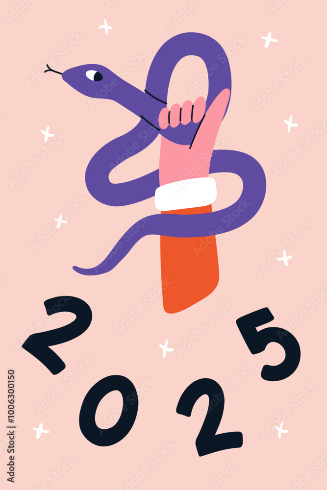 Obraz premium Merry Christmas greeting card with hand and snake. Zodiac symbol of lunar new year. Vector illustration for poster, banner and celebration.