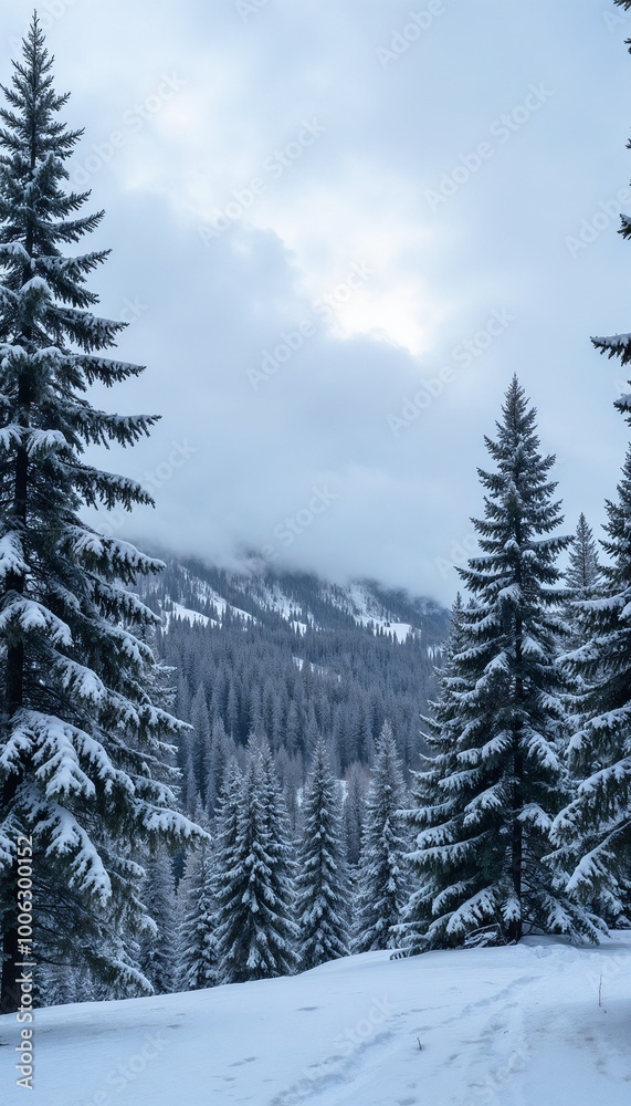 Fototapeta premium Majestic snow-covered pine forest in misty winter mountains with copy space
