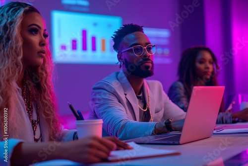 Three diverse business professionals attentively listen to a presentation during a meeting, focused on the projected charts.