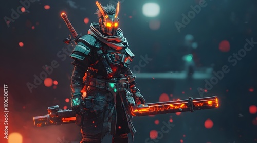 Game character figure in battle stance with glowing accents and heavy weapon photo