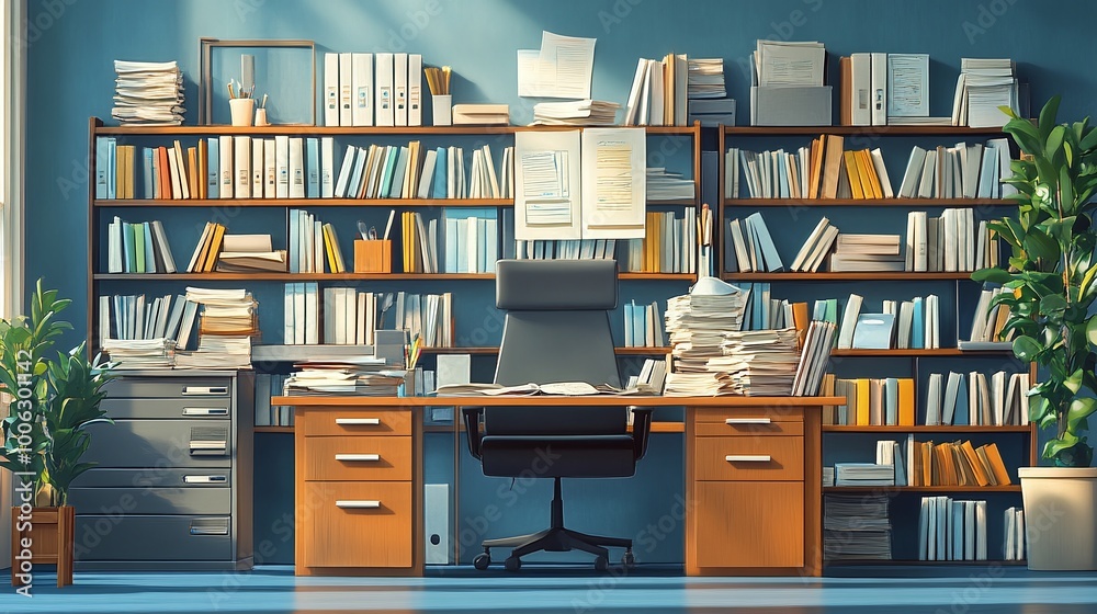 Fototapeta premium office workspace with organized paper files and documents in folders, optimizing document flow and work process management