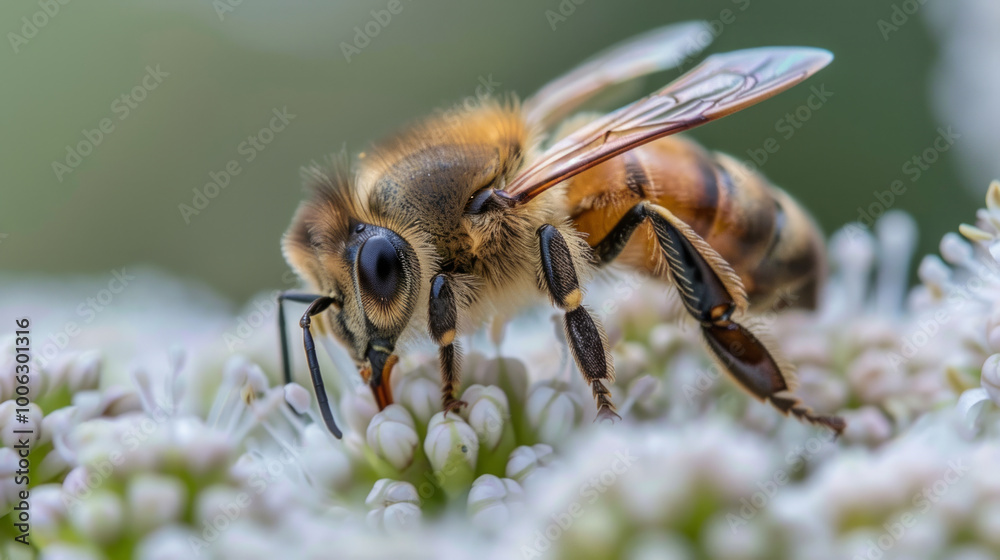 A close-up of a bee pollinating delicate white flowers in a vibrant garden during a sunny afternoon A close-up of a bee pollinating delicate white flowers in a vibrant garden during a sunny afternoon
