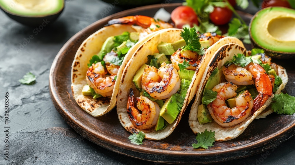 Grilled Shrimp Tacos Topped with Avocado and Cilantro Served on a Rustic Plate Grilled Shrimp Tacos Topped with Avocado and Cilantro Served on a Rustic Plate