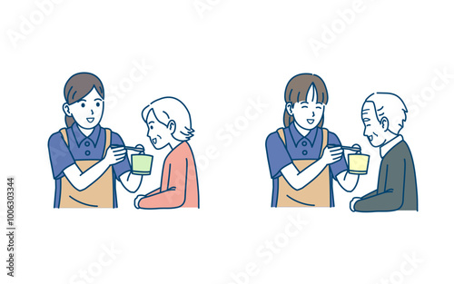 高齢者の食事介助する介護士のイラスト