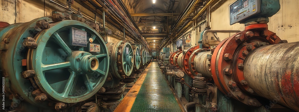 Fototapeta premium A detailed view of the central pumping station that supplies water to various factory sections. The large pumps are connected to wide pipes with pressure gauges and digital meters.