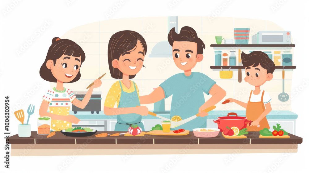 A family cooking dinner together in a cozy kitchen, preparing fresh ingredients and sharing joyful moments on a weekend evening A family cooking dinner together in a cozy kitchen, preparing fresh ingredients and sharing joyful moments on a weekend evening