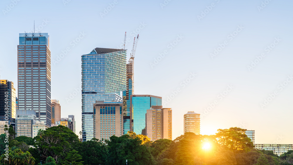 High-rise modern buildings during sunset, viewed as part of Sydney City skyline from the Royal Botanic Garden High-rise modern buildings during sunset, viewed as part of Sydney City skyline from the Royal Botanic Garden