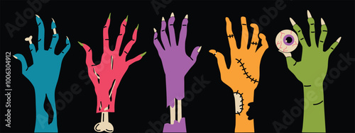 Zombie hands in different colors on a black background. Vector illustration. Halloween concept