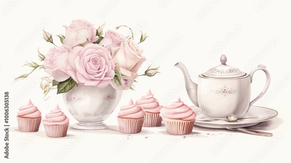 Elegant tea setting with roses and cupcakes for a cozy gathering. Elegant tea setting with roses and cupcakes for a cozy gathering.