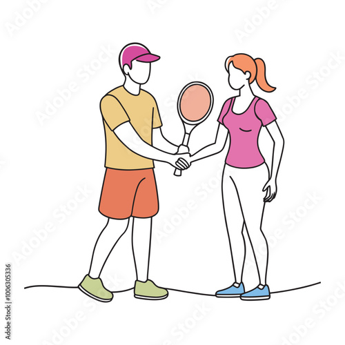 A cartoon depicting a man and woman shaking hands while holding tennis rackets continuous line art flat vector illustration white background