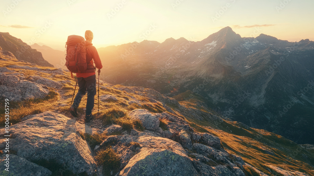Fototapeta premium Hiker enjoying the stunning sunrise view over rocky mountains during an early morning adventure in nature