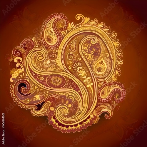 golden floral pattern on red. 3D illustration.