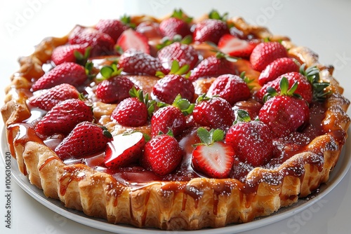 Tarte aux Fraises A beautiful Tarte aux Fraises with fresh strawberries arranged on a pastry crust, topped with a shiny glaze.