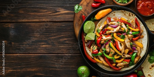 Sizzling Chicken Fajitas Served on a Hot Platter with Tortillas and Toppings