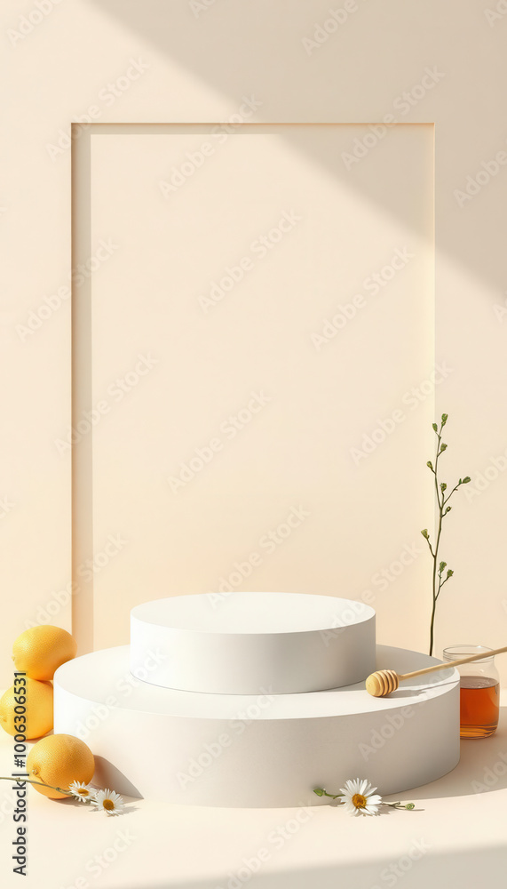 Clean podium with honey jar, lemons, and daisies, ready for product placement. Clean podium with honey jar, lemons, and daisies, ready for product placement.