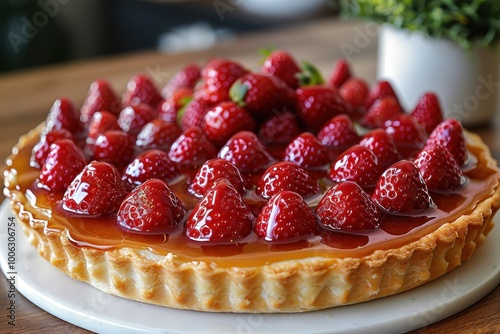 Tarte aux Fraises A beautiful Tarte aux Fraises with fresh strawberries arranged on a pastry crust, topped with a shiny glaze.