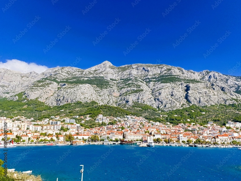 beautiful view of Makarska and Biokovo mountain beautiful view of Makarska and Biokovo mountain
