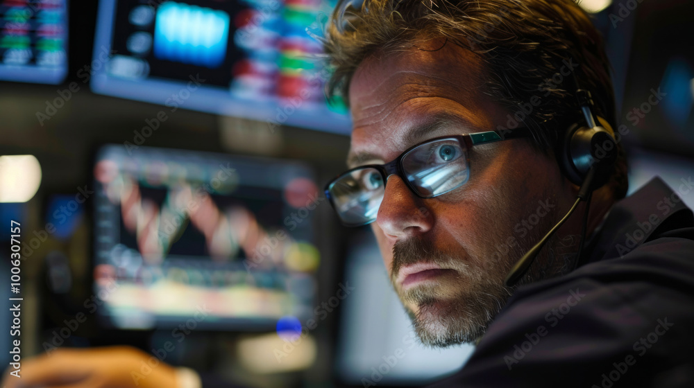 Individual analyzing stock market trends while closely monitoring price fluctuations on multiple computer screens in a trading environment Individual analyzing stock market trends while closely monitoring price fluctuations on multiple computer screens in a trading environment