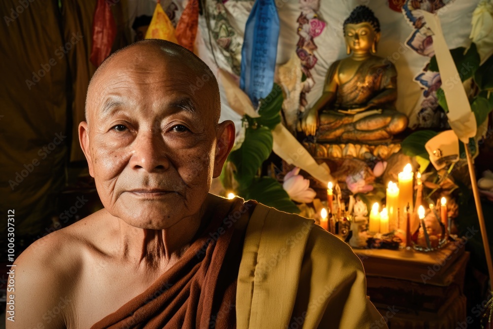 Portrait of Elderly Buddhist Monk with Candlelit Buddha Altar – Spiritual Tranquility for Meditation Posters and Prints Portrait of Elderly Buddhist Monk with Candlelit Buddha Altar – Spiritual Tranquility for Meditation Posters and Prints