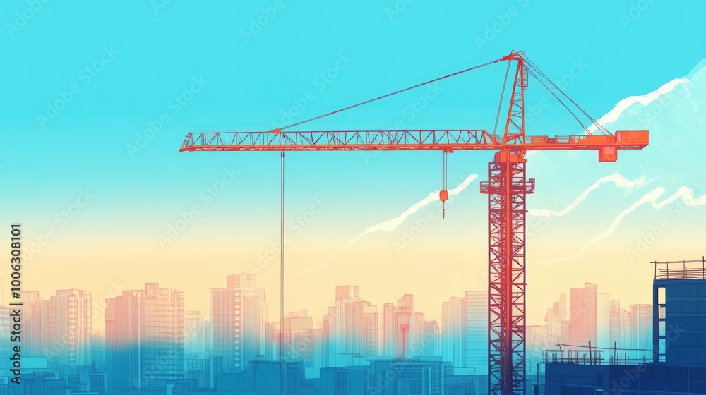 Construction Crane Lifting Materials Against City Skyline Construction Crane Lifting Materials Against City Skyline