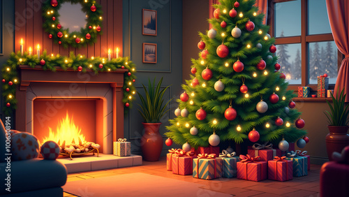 Festive Christmas living room adorned with a brightly lit tree, cozy fireplace, and beautifully wrapped gifts