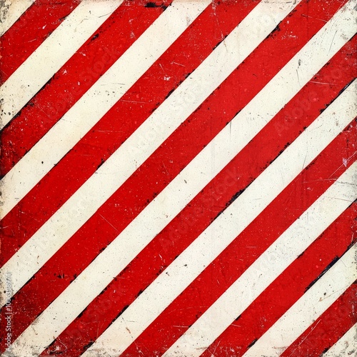 Red and white diagonal striped texture on a distressed background.