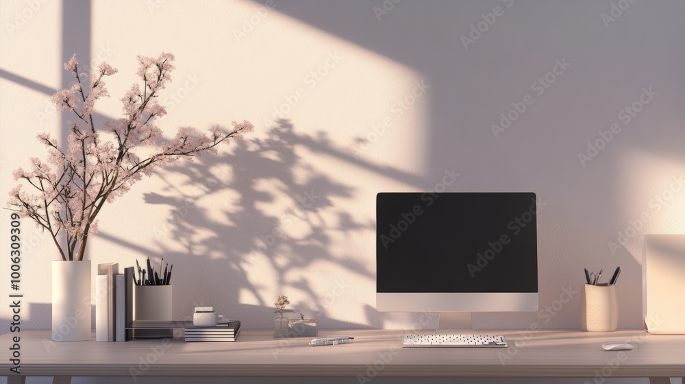 Fototapeta premium Modern Clean Desk Setup with Neutral Background