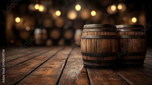 Barrels on a wooden floor against a dark background with vignette photo