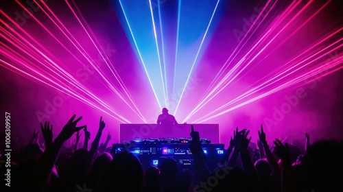 DJ Performing on Stage at Music Festival with Lights