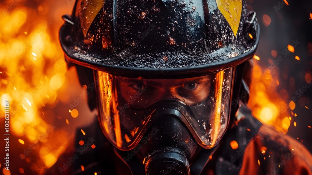 Firefighter standing amidst falling ash and flames Firefighter standing amidst falling ash and flames