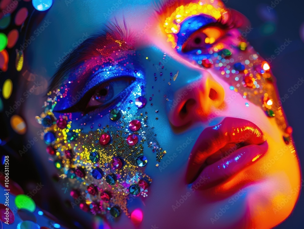 Vibrant cosmetics with glitters and rainbow colors on face. Vibrant cosmetics with glitters and rainbow colors on face.