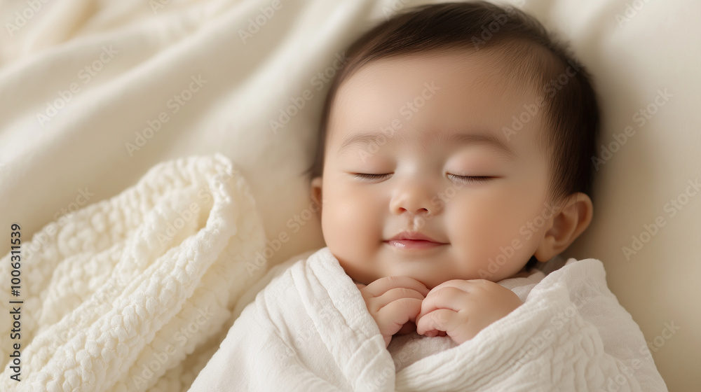 A peaceful newborn baby sleeps soundly, wrapped in a soft white blanket, tiny hands curled gently under their chin. The soft light highlights their delicate features, creating a se A peaceful newborn baby sleeps soundly, wrapped in a soft white blanket, tiny hands curled gently under their chin. The soft light highlights their delicate features, creating a se