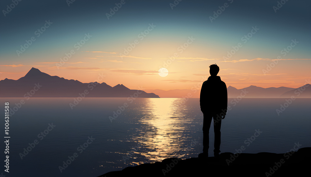 A silhouette of a person looking the horizon realistic style. A silhouette of a person looking the horizon realistic style.