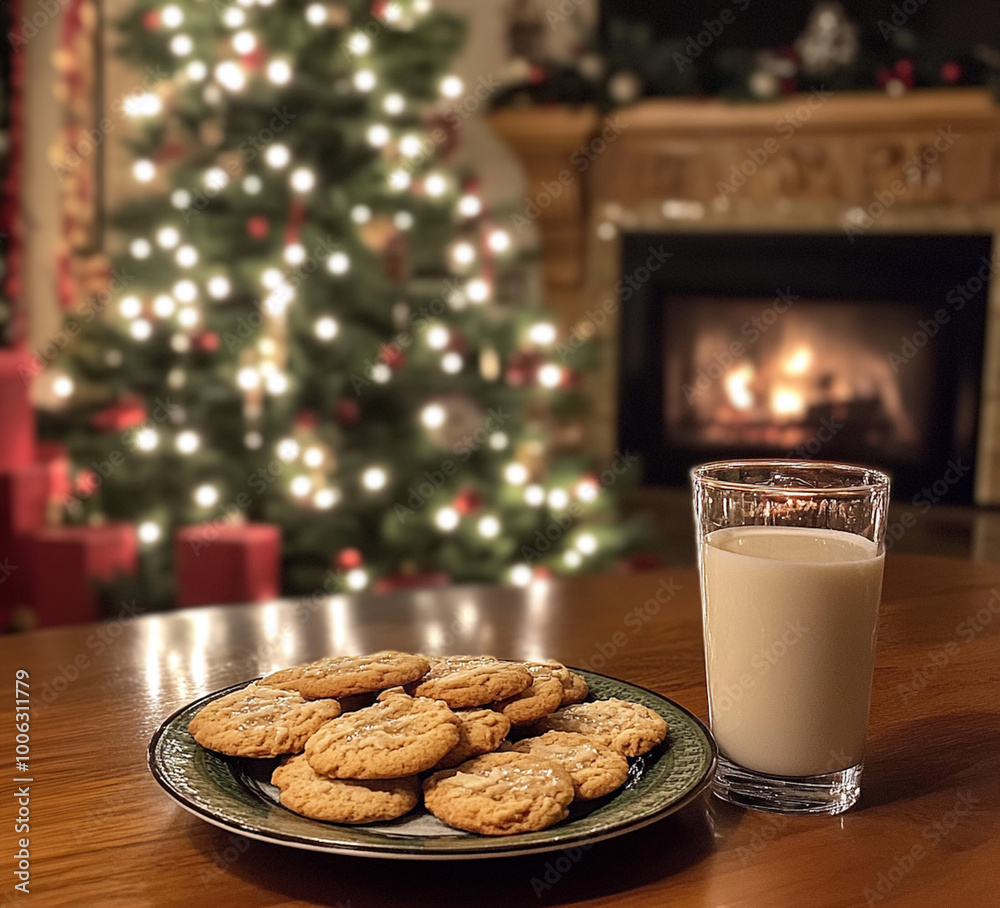 Milk and cookies set out by a Christmas Tree and fireplace Milk and cookies set out by a Christmas Tree and fireplace