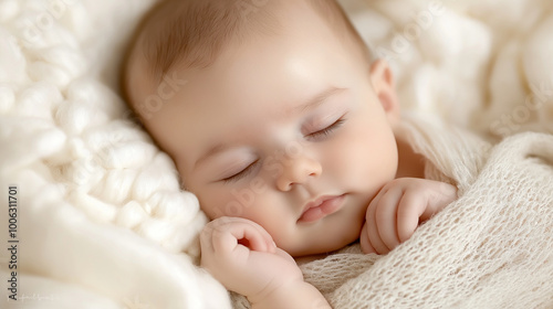 A peaceful newborn baby sleeps on their back, wrapped in a warm, soft blanket, their tiny fingers curled gently. The soft light bathes the scene in warmth, adding to the serene and