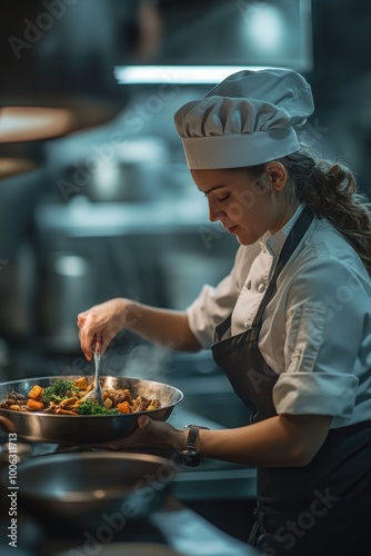 Female chef preparing gourmet meal, professional kitchen setting.