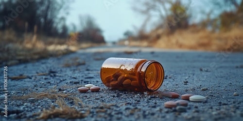 An abandoned bottle of prescription medication lying in the middle of a road, symbolizing substance abuse and the dangers of unmanaged drug use. photo