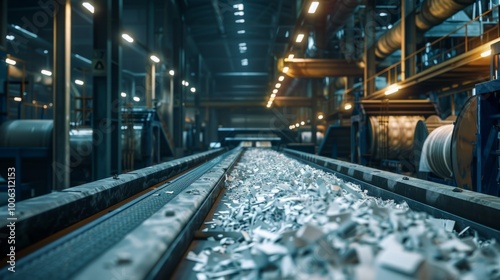 A conveyor belt is filled with metal scraps