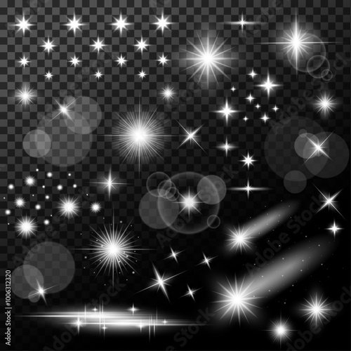 Stars and lights clip art of various shapes on a dark background