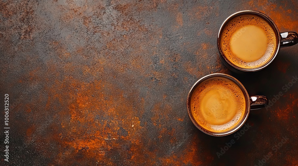Cups with coffee on the table, top view, copy space Cups with coffee on the table, top view, copy space