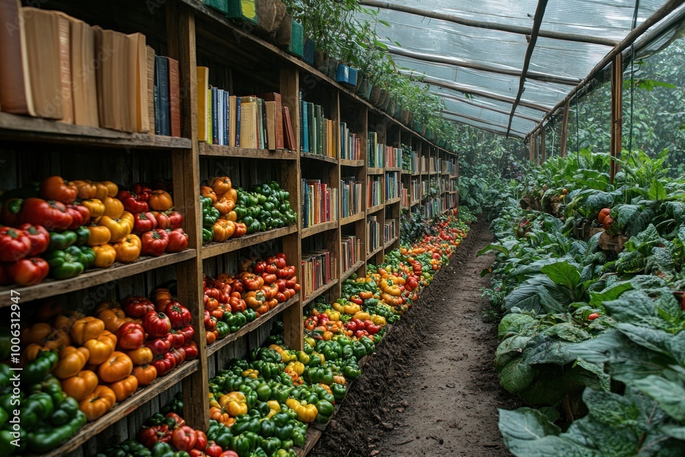 Greenhouses with shelves of books and fresh produce Greenhouses with shelves of books and fresh produce